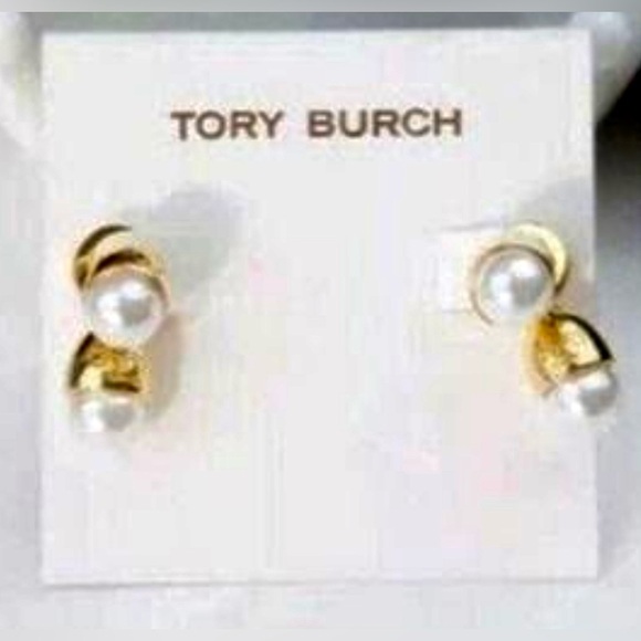 🆕 Tory Burch Authentic Unique Double Pearl With Logo Stud Earrings - Picture 5 of 9